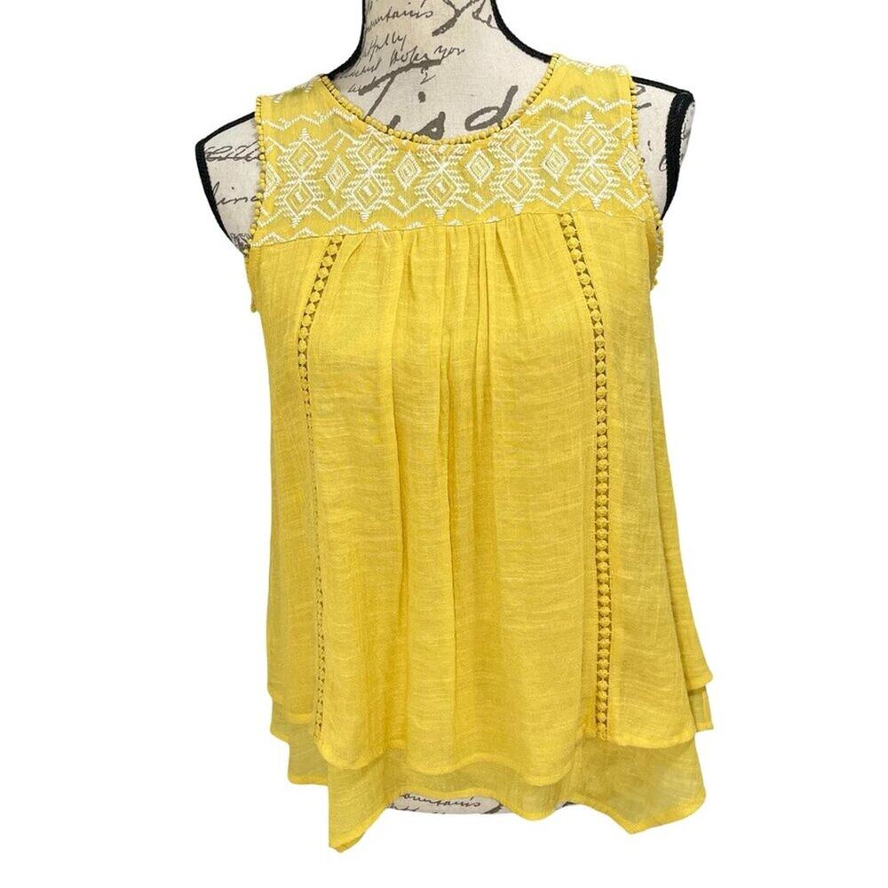 Vintage 90s Boho Yellow Layered Tank Top Embroidered Swing Studio Petite Small